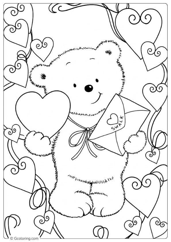 Cute teddy bear sending a Valentine letter Coloring Pages