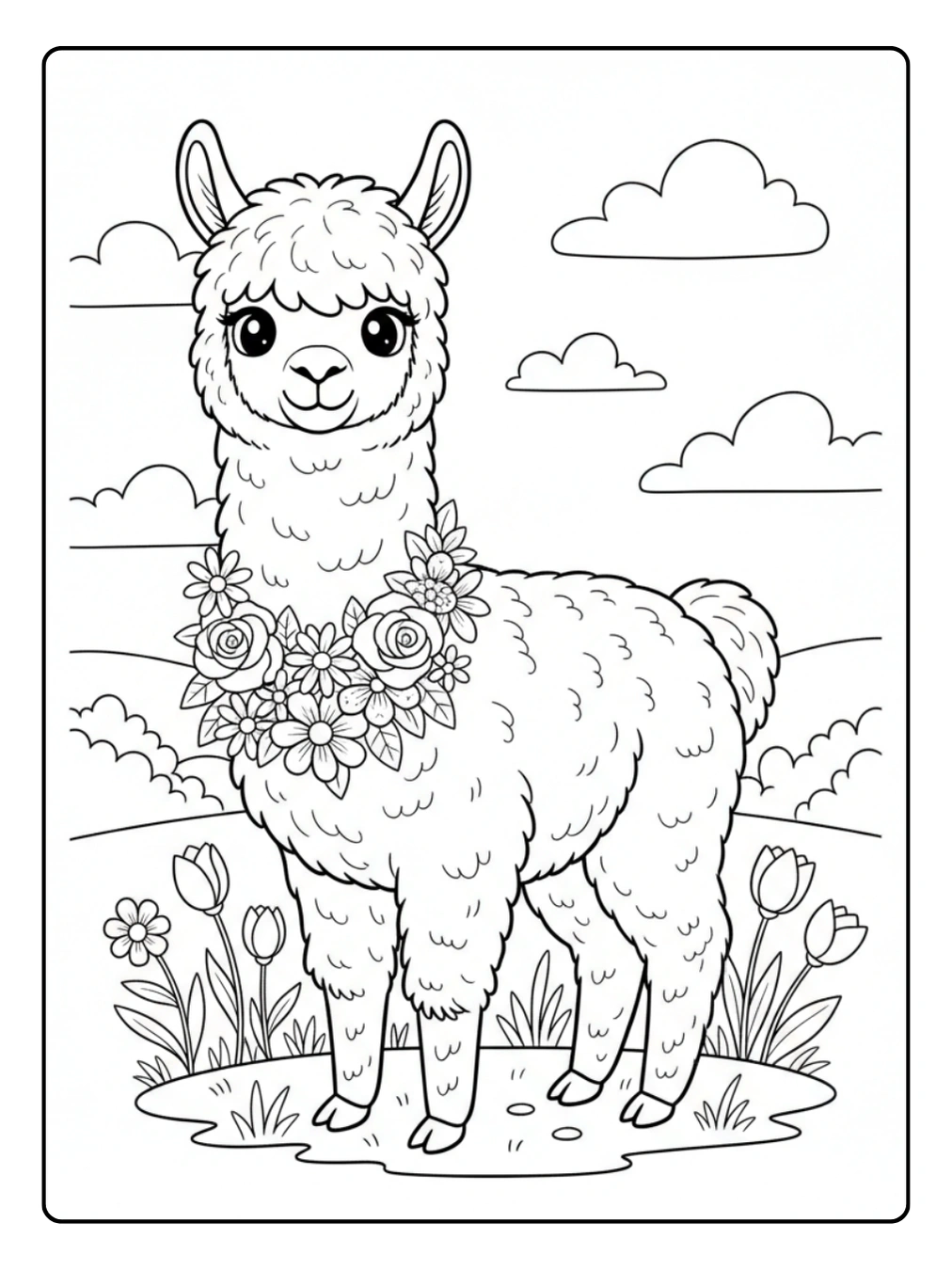 Farm Animal Coloring Page Alpaca with Flowers