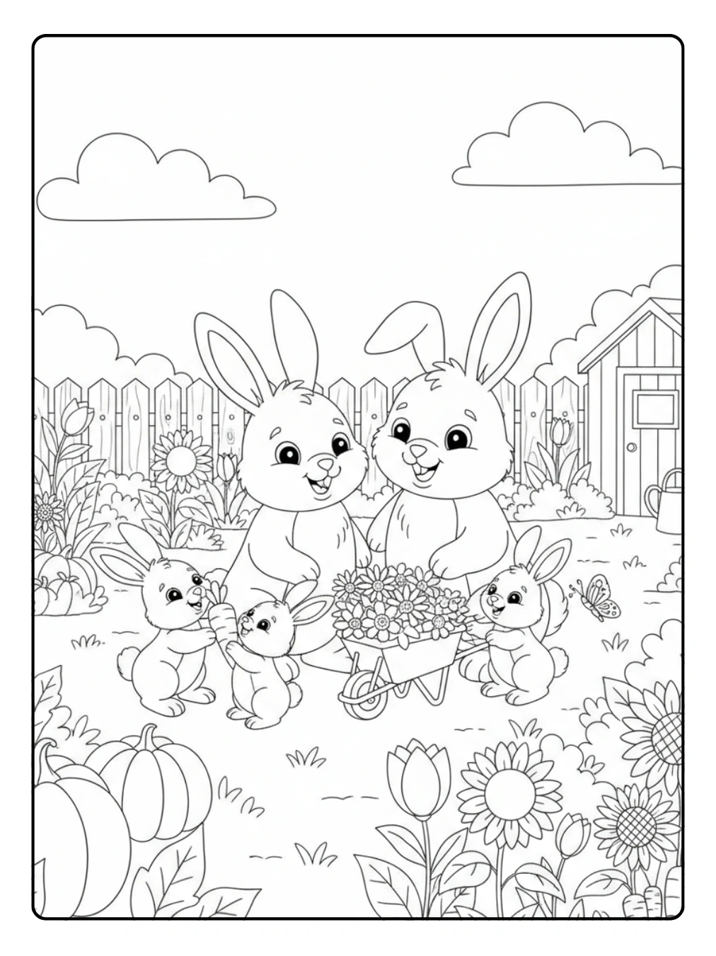 Farm Animal Coloring Page Bunny Family in Garden