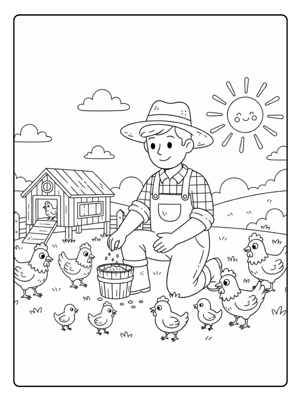 Farm Animal Coloring Page Farmer Feeding Chickens