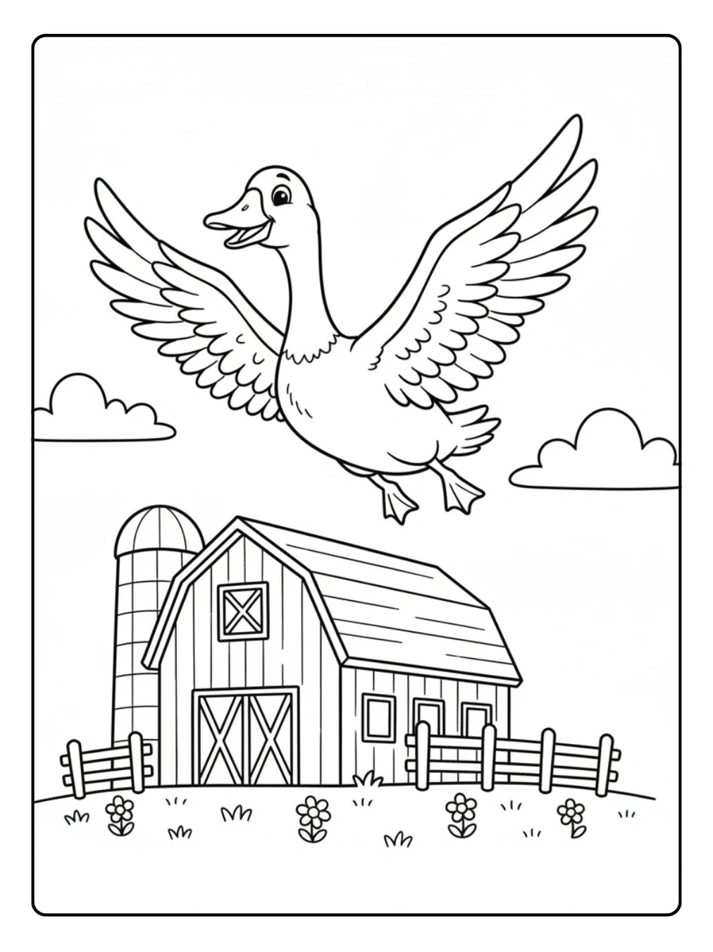 Farm Animal Coloring Page Goose Flying Over Barn