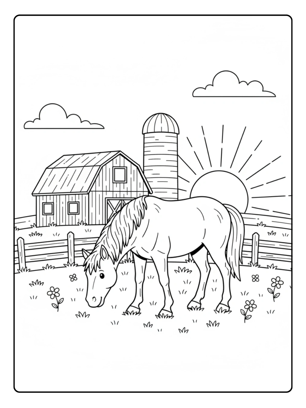 Farm Animal Coloring Page Horse Grazing at Sunset