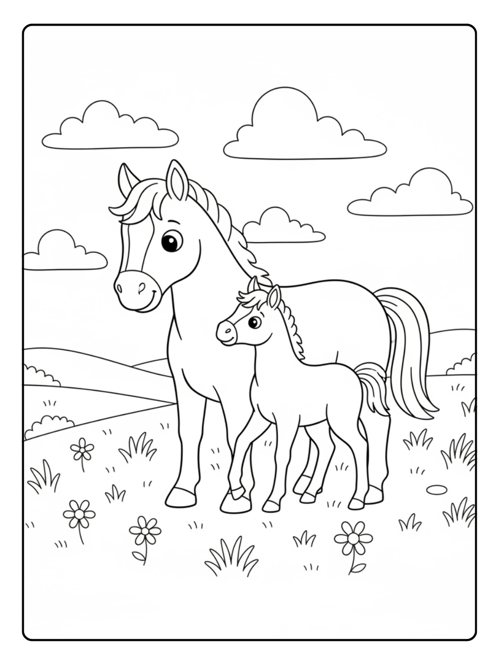 Farm Animal Coloring Page Horse and Foal in Meadow