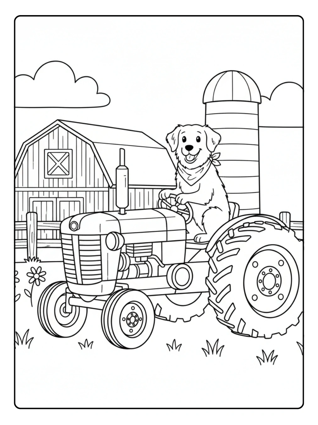 Farm Animal Coloring Page Old Tractor and Farm Dog