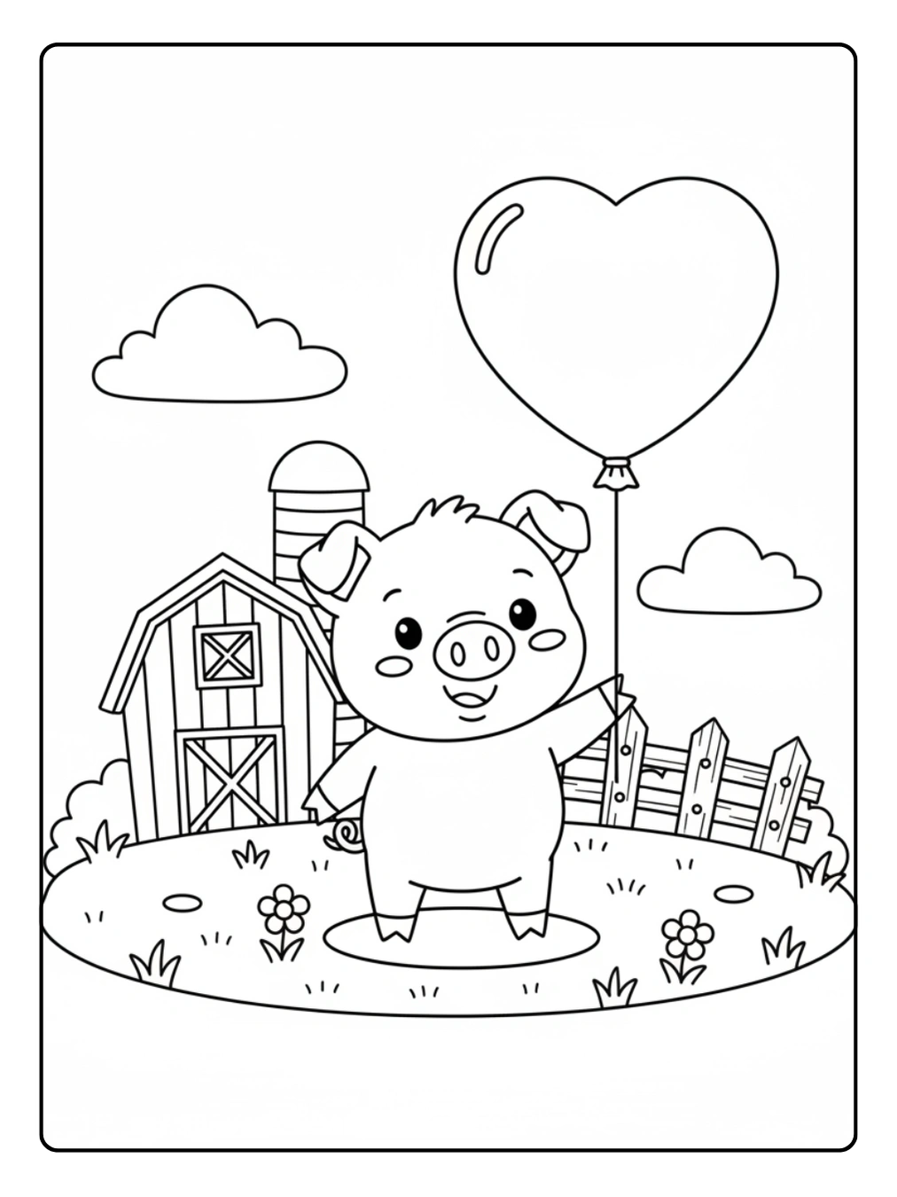 Farm Animal Coloring Page Pig with Balloon