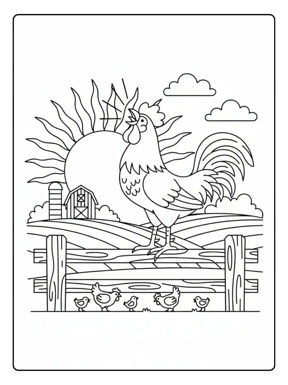 Farm Animal Coloring Page Rooster Crowing at Sunrise