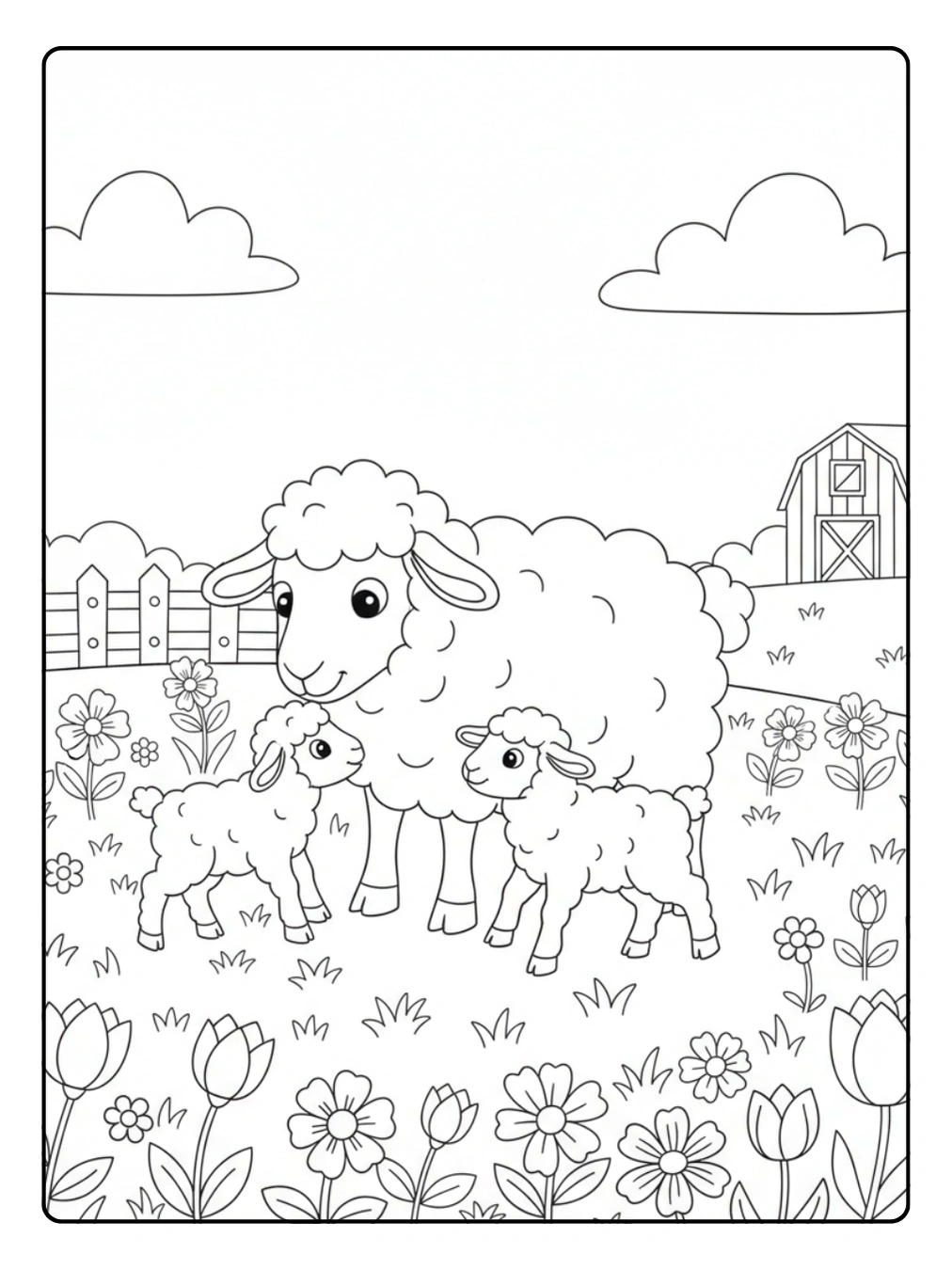 Farm Animal Coloring Page Sheep and Lambs in Flowers