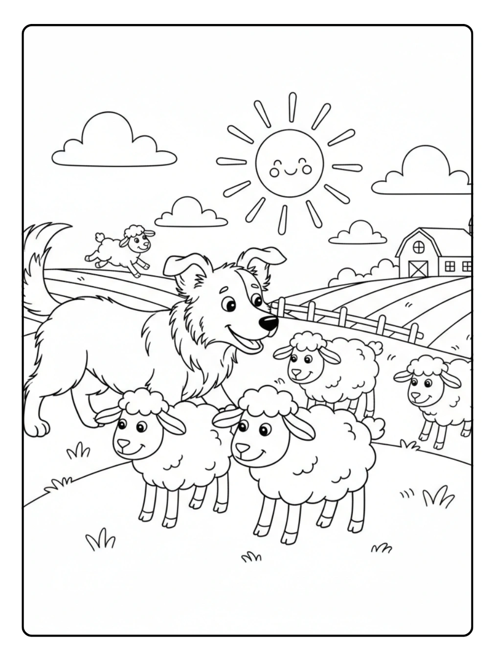 Farm Animal Coloring Page Sheepdog Herding Sheep
