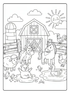 Farm Animal Coloring Page with Barnyard Friends