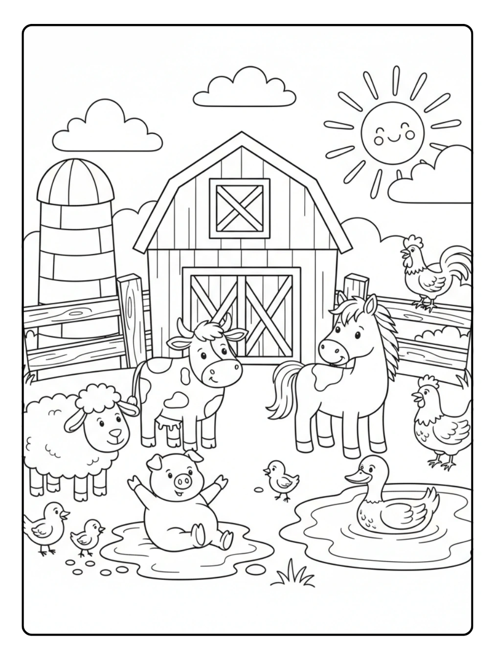Farm Animal Coloring Page with Barnyard Friends