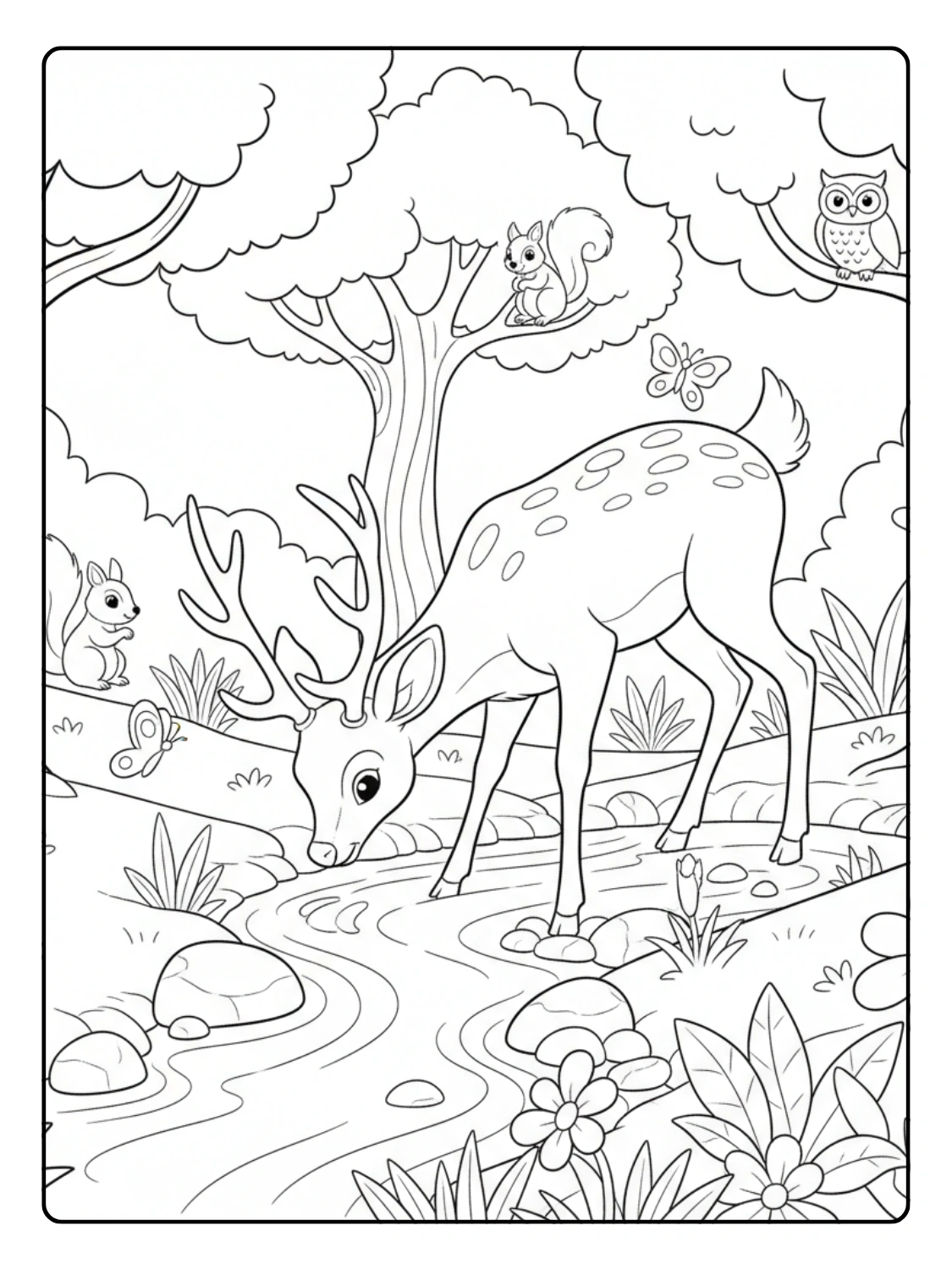 Forest Animals Coloring Page Deer Drinking at Stream