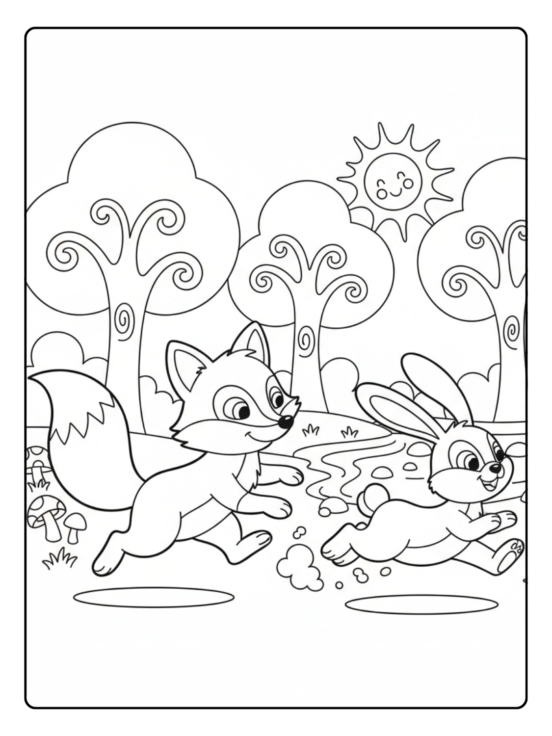 Forest Animals Coloring Page Fox and Rabbit Chase