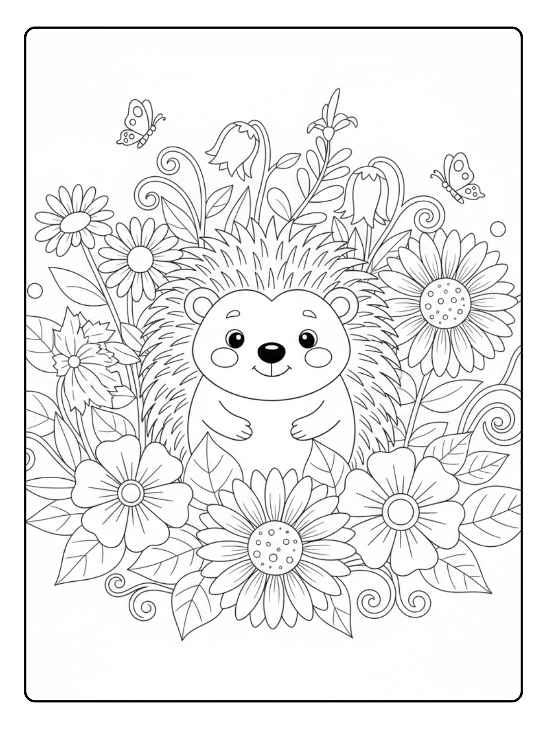 Forest Animals Coloring Page Hedgehog in Flowers