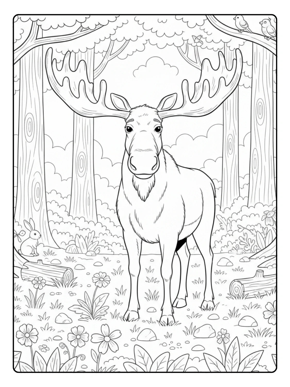 Forest Animals Coloring Page Moose in Meadow