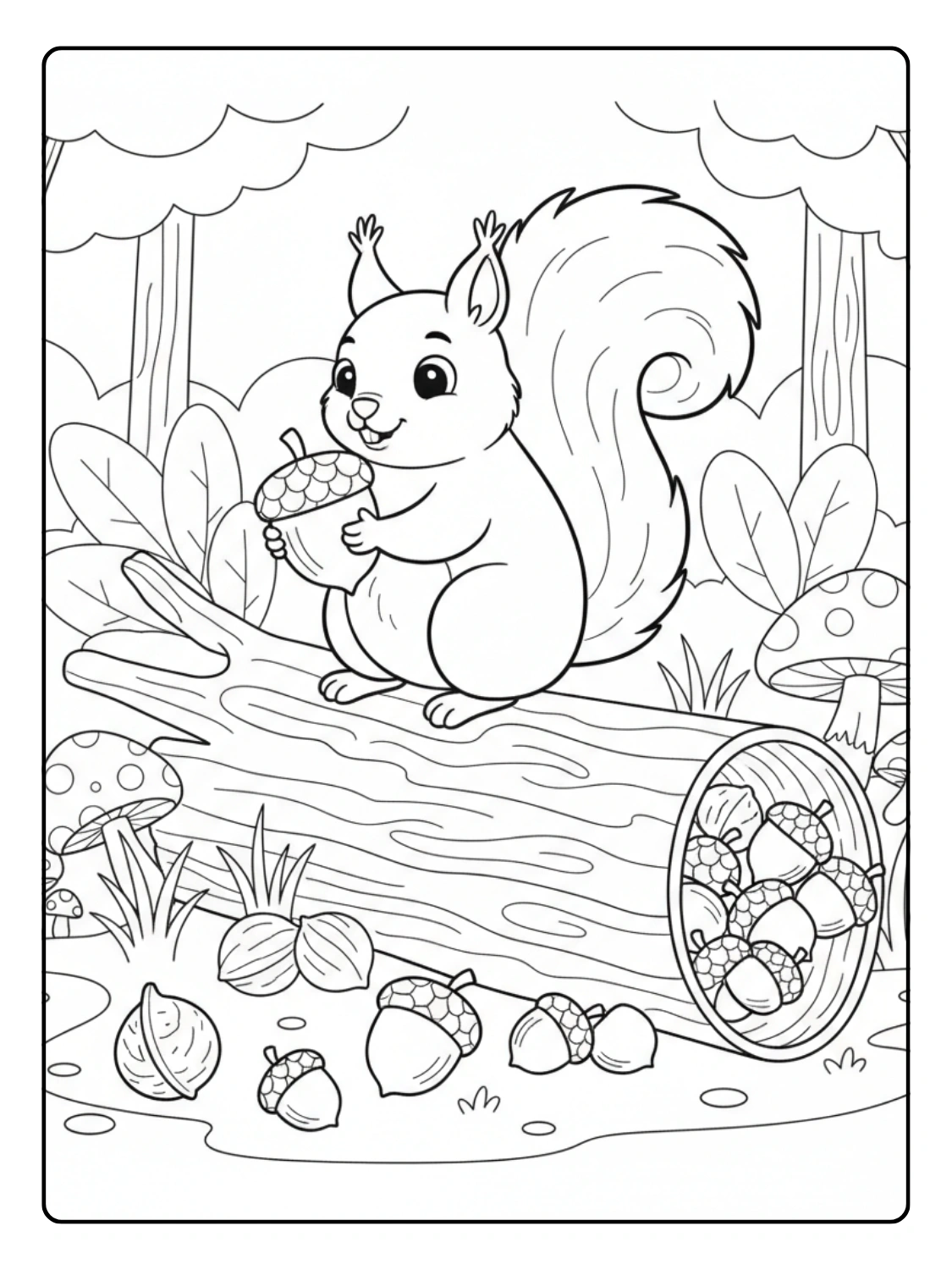 Forest Animals Coloring Page Squirrel Gathering Nuts
