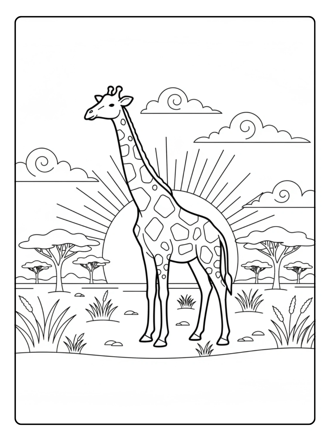 Giraffe Coloring Page At Sunset on Savannah