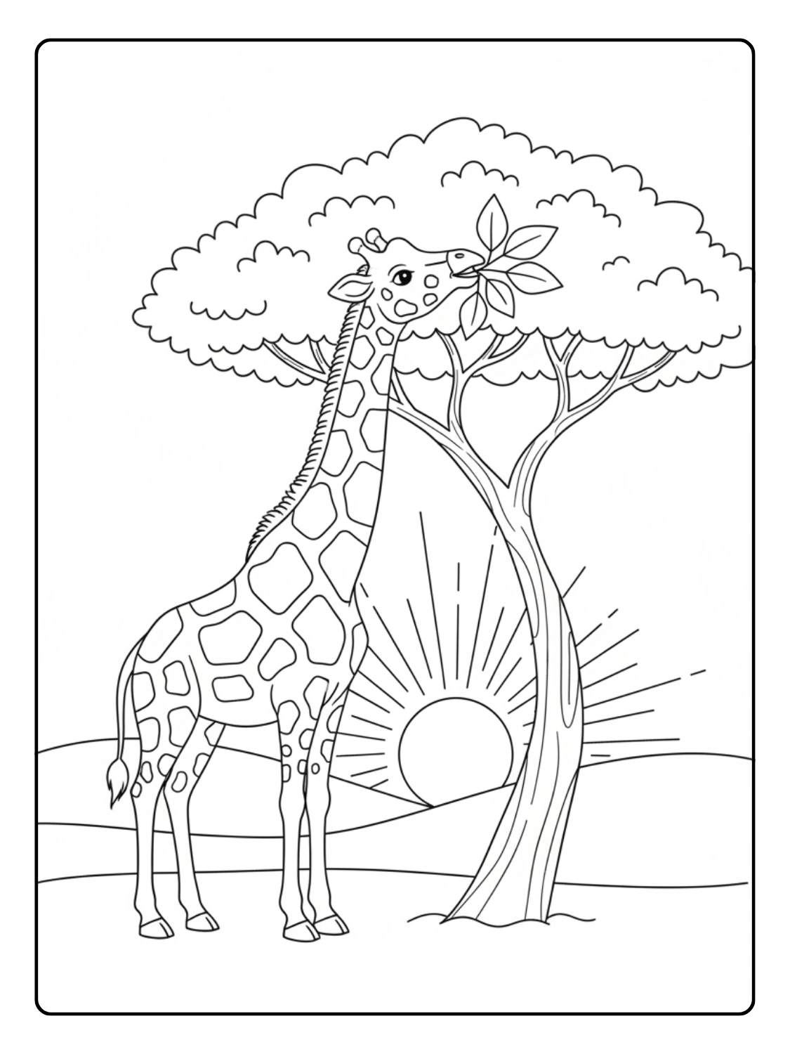 Giraffe Coloring Page Eating Leaves From Tall Tree