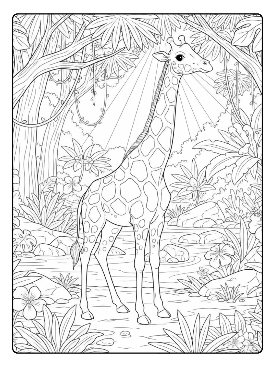 Giraffe Coloring Page In Jungle Rainforest