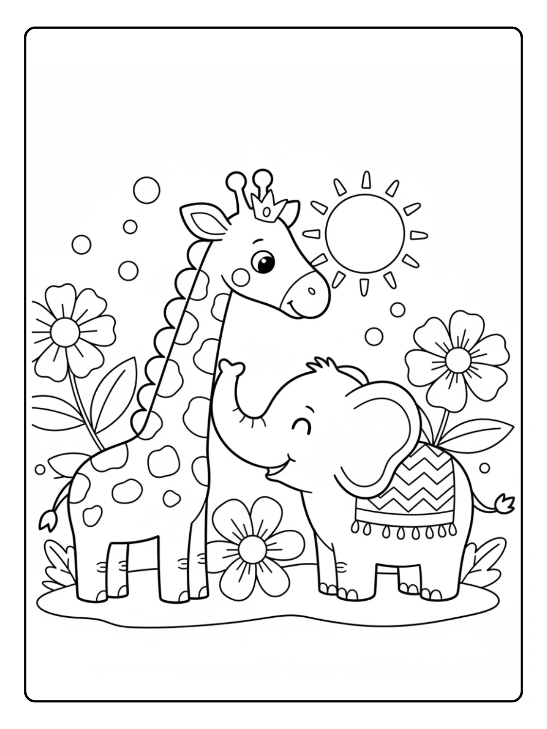 Giraffe Coloring Page Playing With Elephant Friend