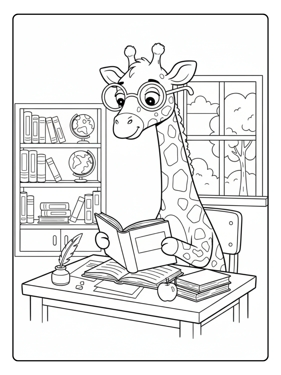 Giraffe Coloring Page Studying at Desk