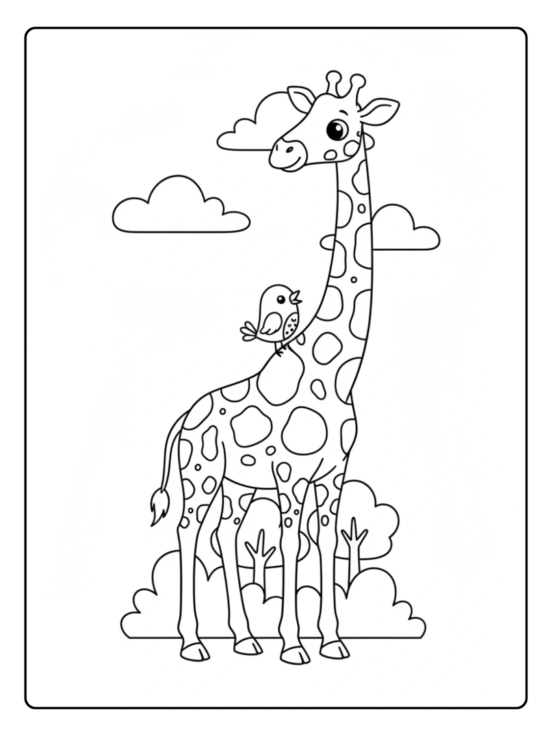 Giraffe Coloring Page With Bird Perched on Neck