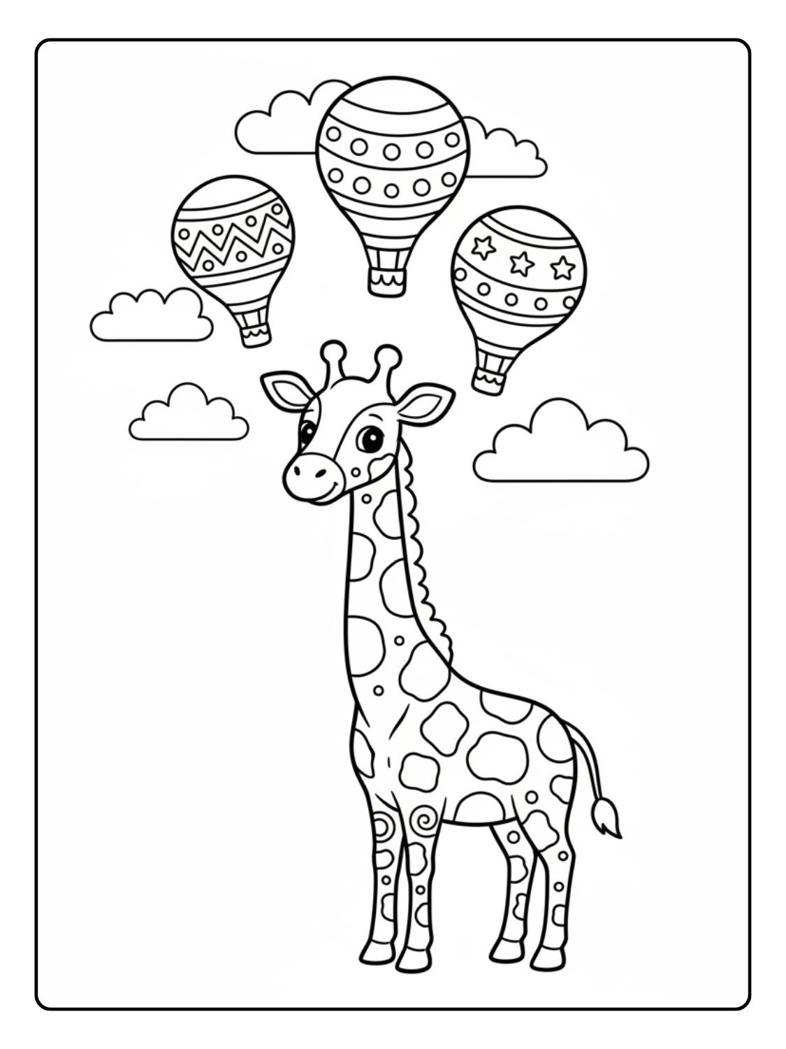 Giraffe Coloring Page With Hot Air Balloons Above