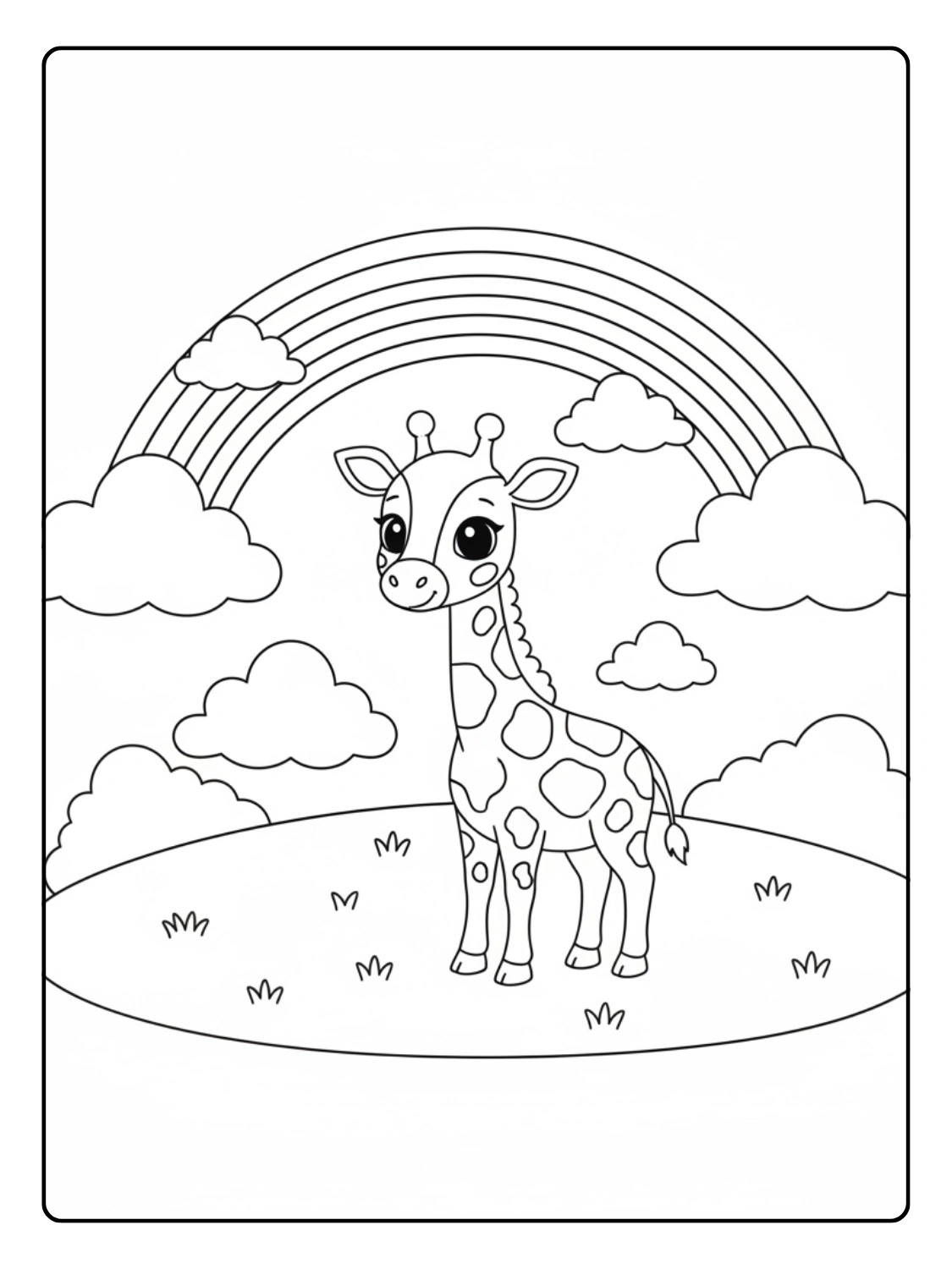 Giraffe Coloring Page With Rainbow and Clouds