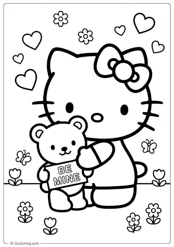 Hello Kitty Hugging a Teddy Bear Coloring Pages