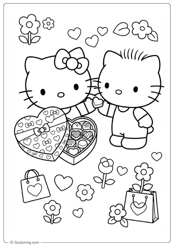 Hello Kitty Sharing Chocolates Coloring Pages