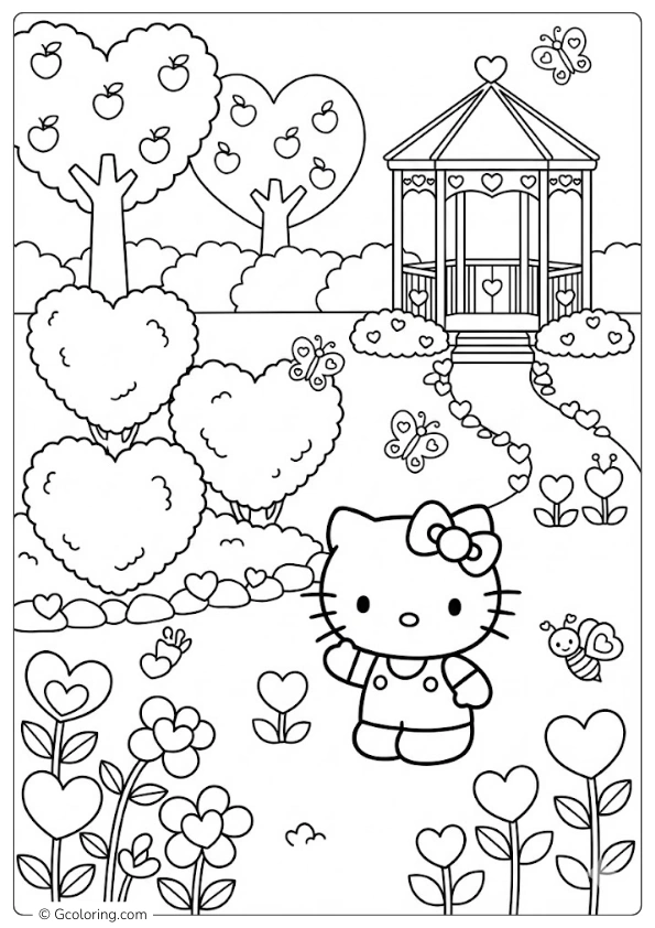 Hello Kitty in a Heart Garden Coloring Pages