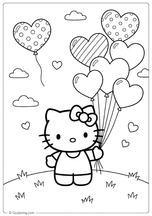 Hello Kitty with Valentine Balloons Coloring Pages