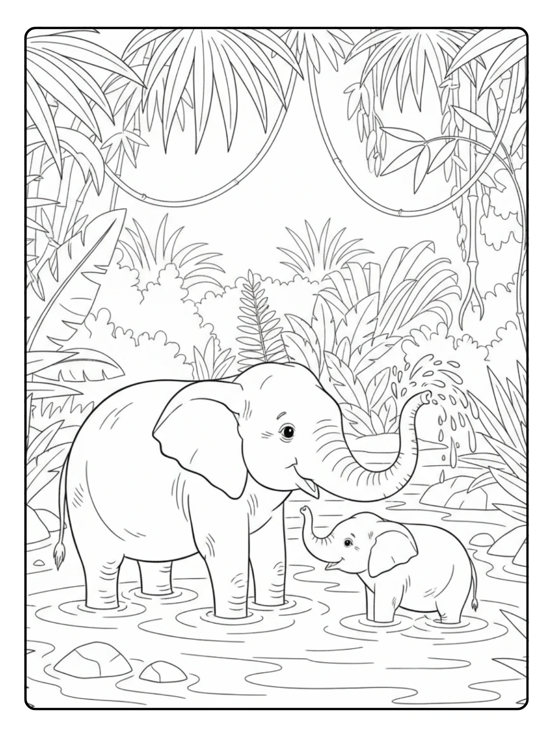 Jungle Animals Coloring Page Elephant Bathing in River