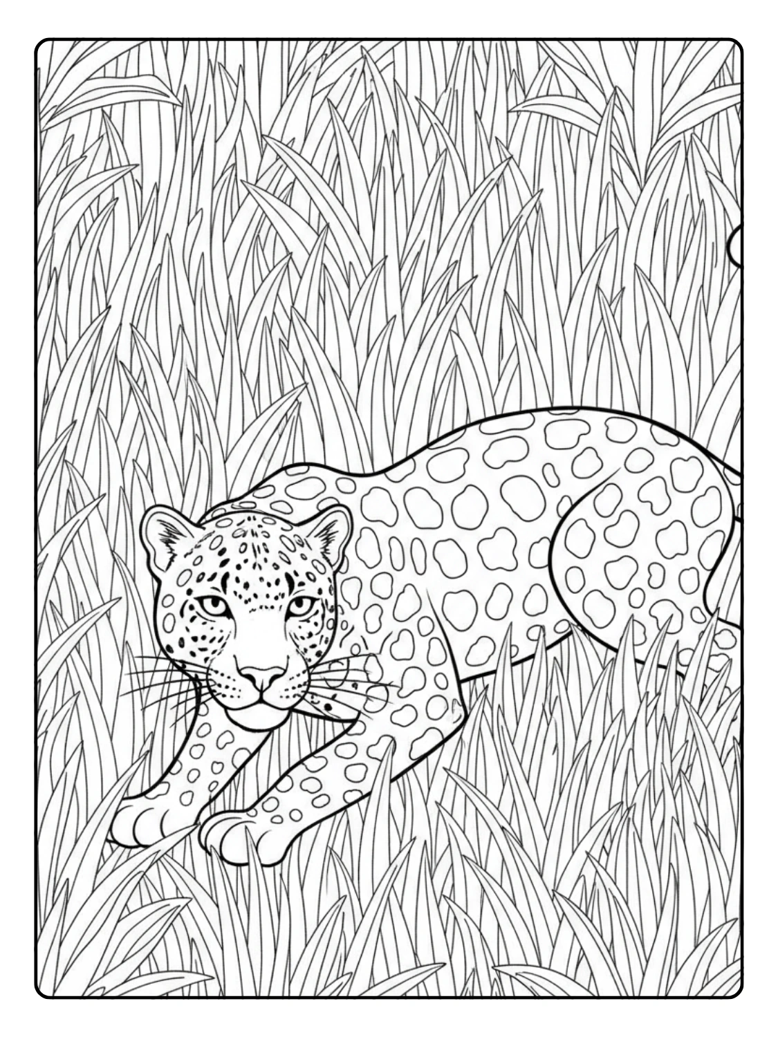 Jungle Animals Coloring Page Leopard in Tall Grass