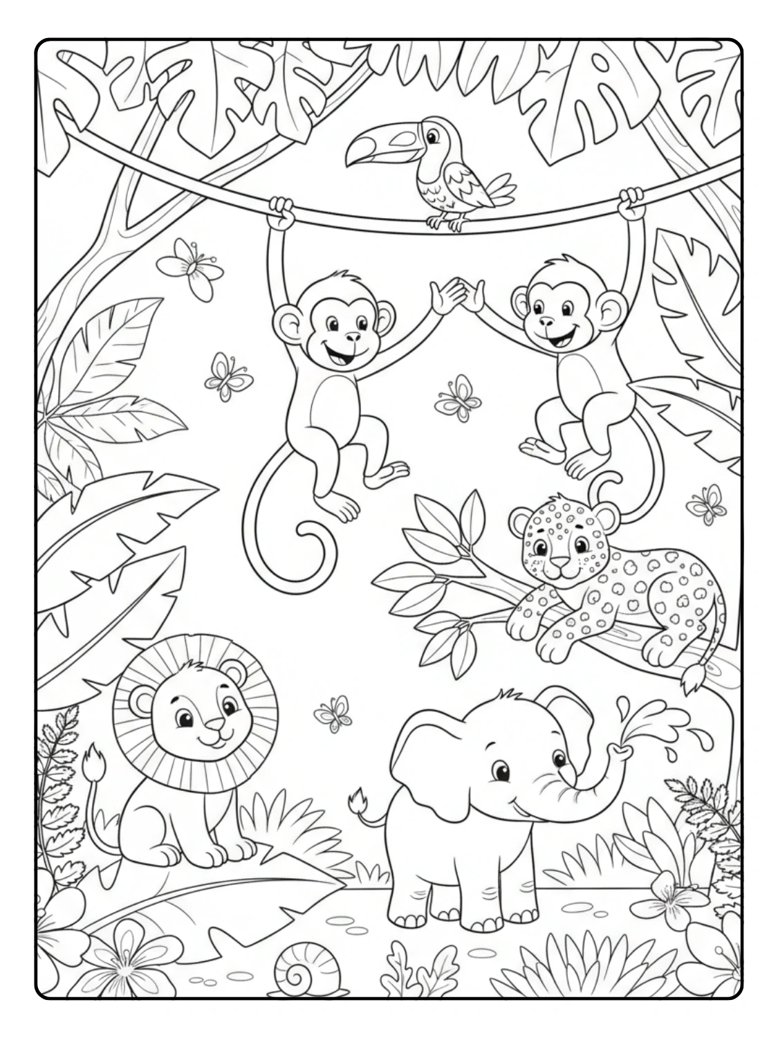Jungle Animals Coloring Page Monkey Swinging with Friends