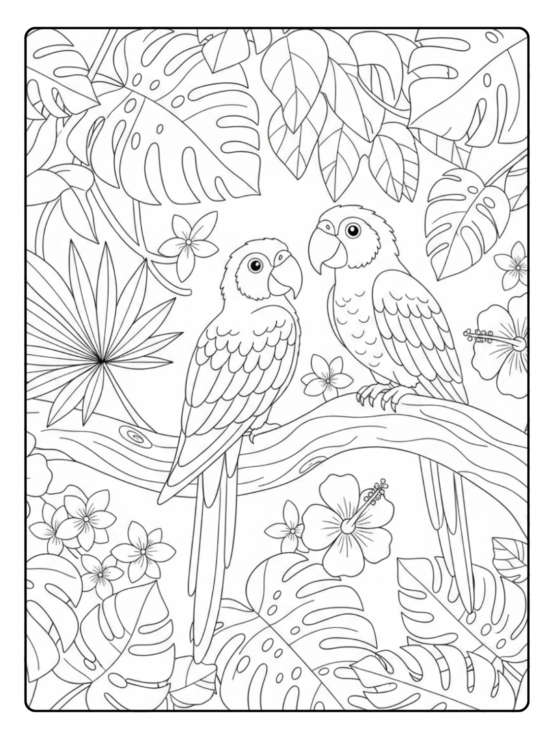 Jungle Animals Coloring Page Parrots on Tropical Branch