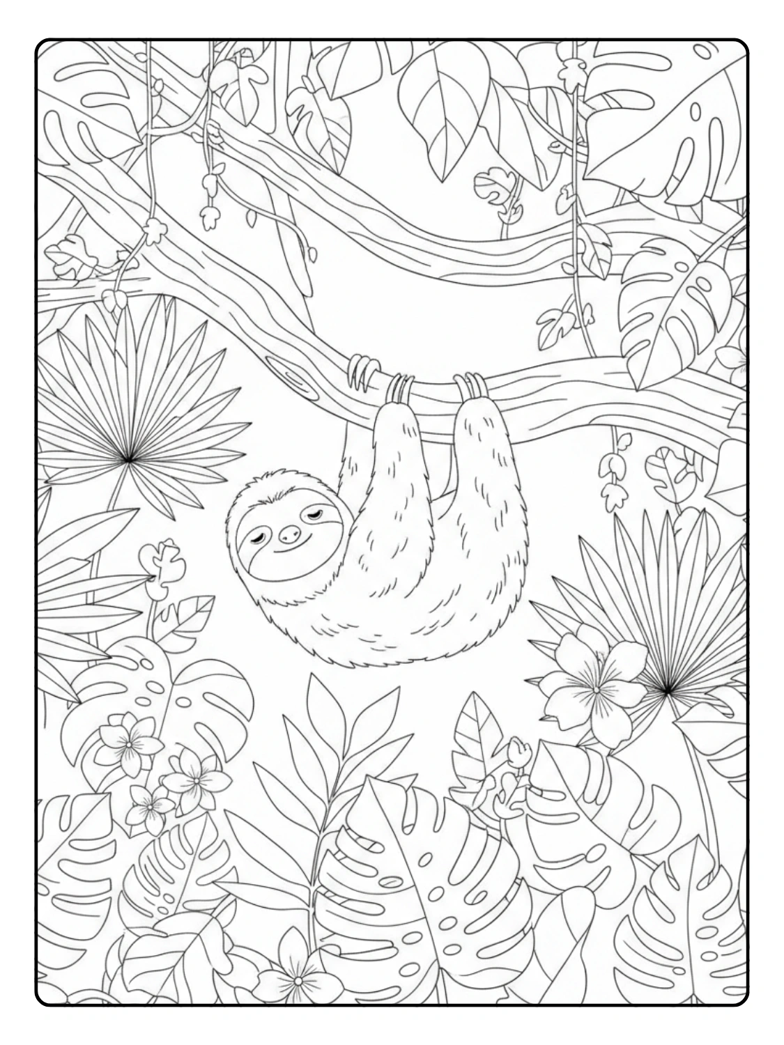 Jungle Animals Coloring Page Sloth Hanging from Tree