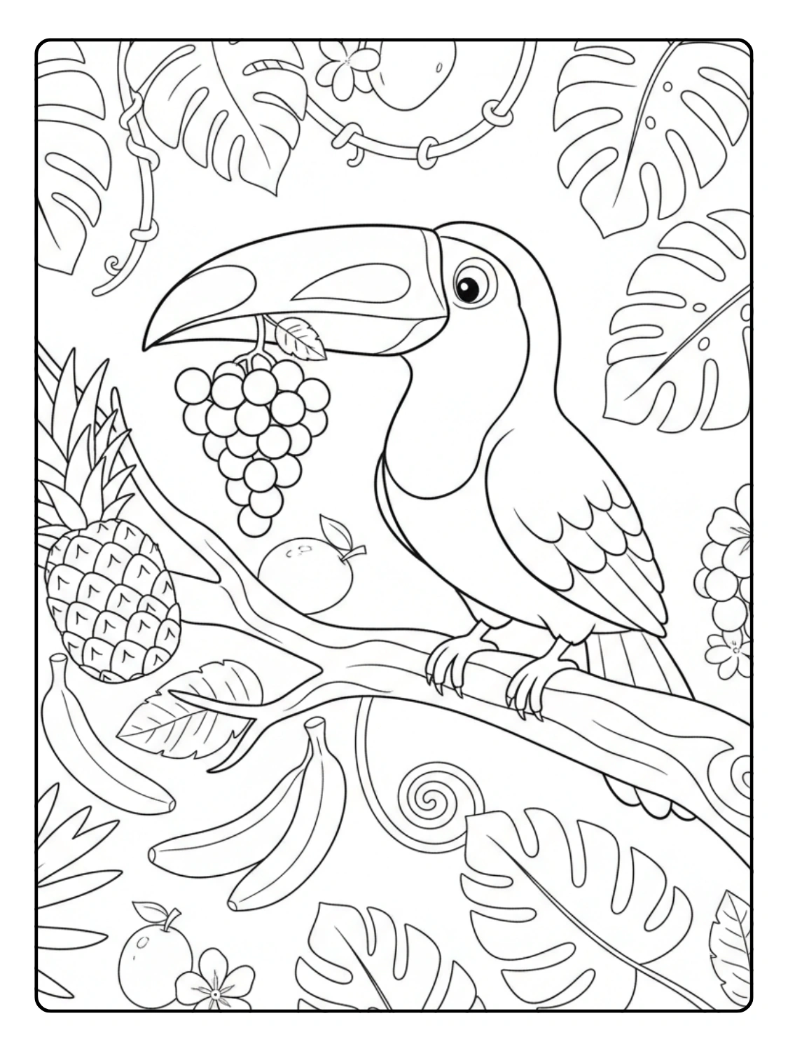 Jungle Animals Coloring Page Toucan Perched With Fruit