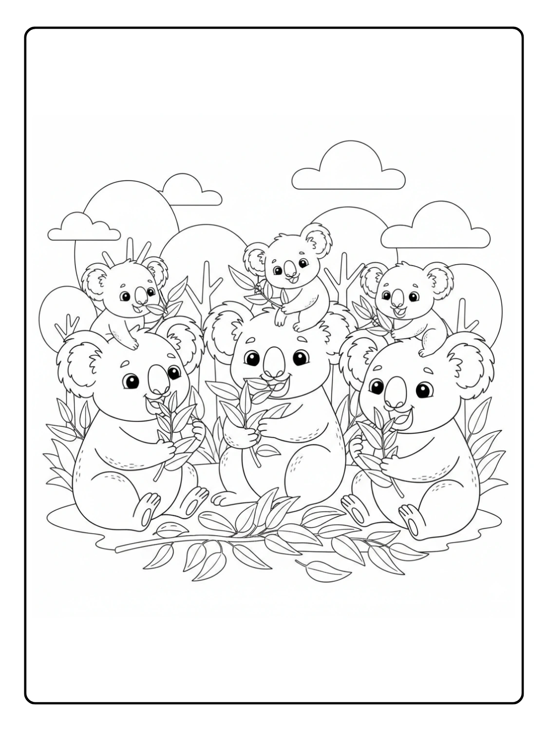Koala Coloring Pages Eating Eucalyptus With Friends