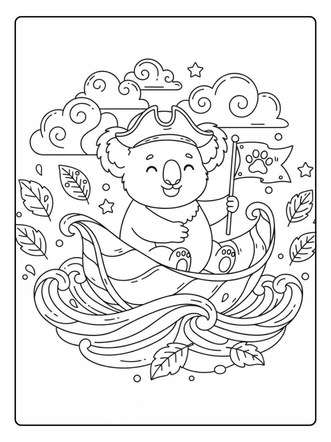 Koala Coloring Pages Floating on Leaf Boat