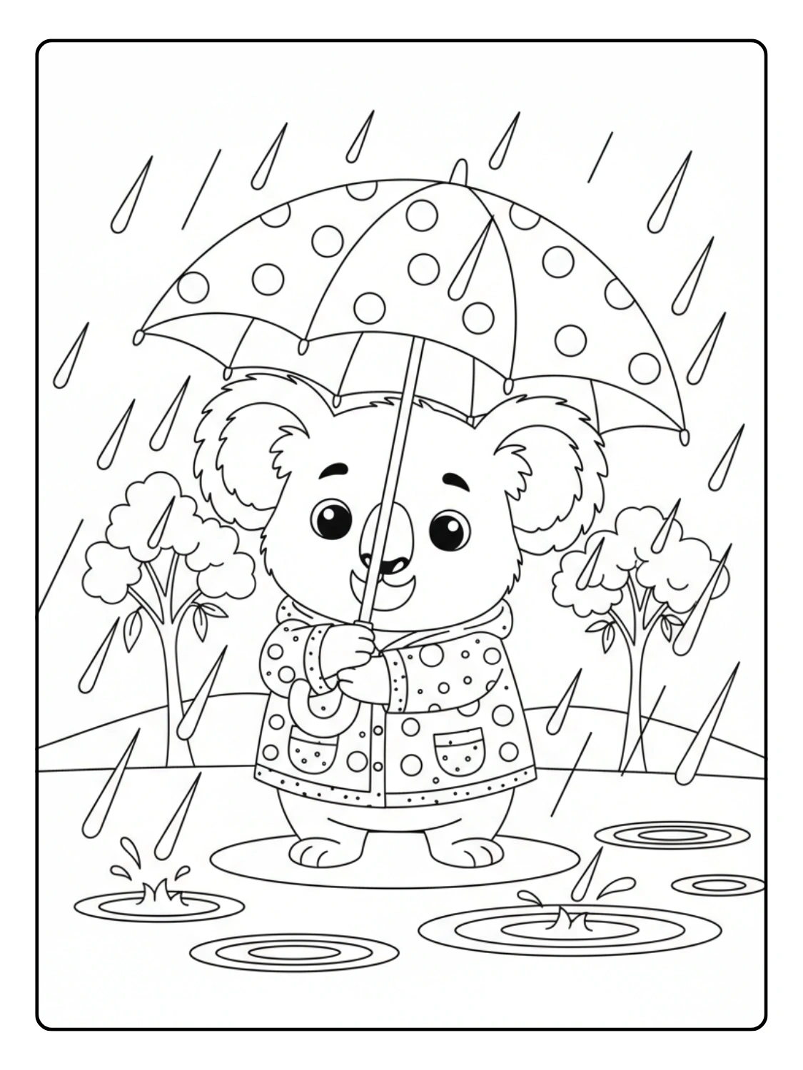 Koala Coloring Pages In Rain with Umbrella