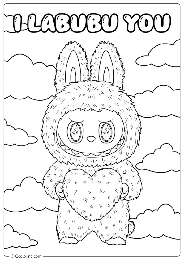 Labubu holds a heart for Valentine's Day coloring pages