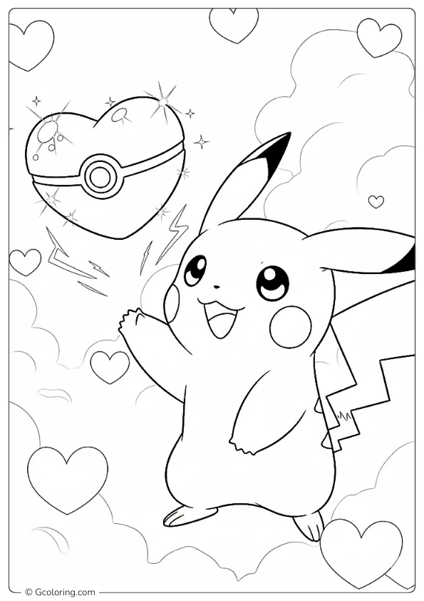 Pikachu Pokémon celebrates Valentine with a heart shaped ball Coloring Pages