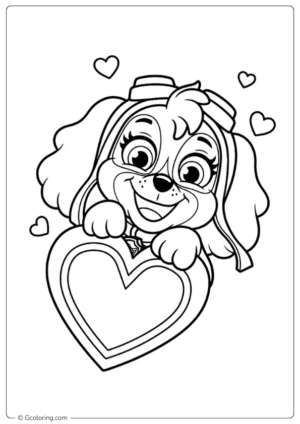 Skye holds a big pink Valentine heart Coloring Pages