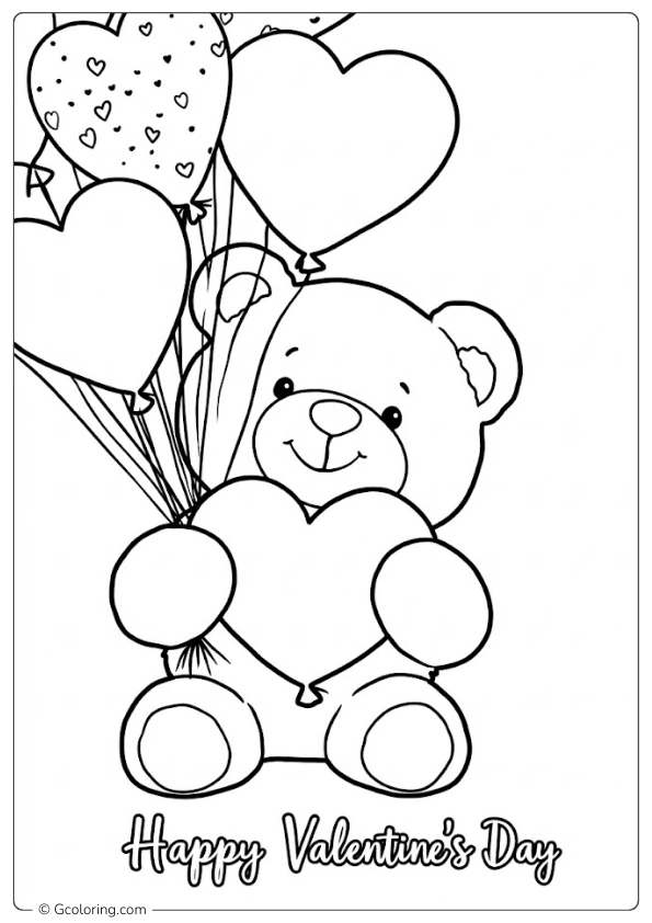 Teddy Bear Valentine with Ballon Heart Coloring Pages