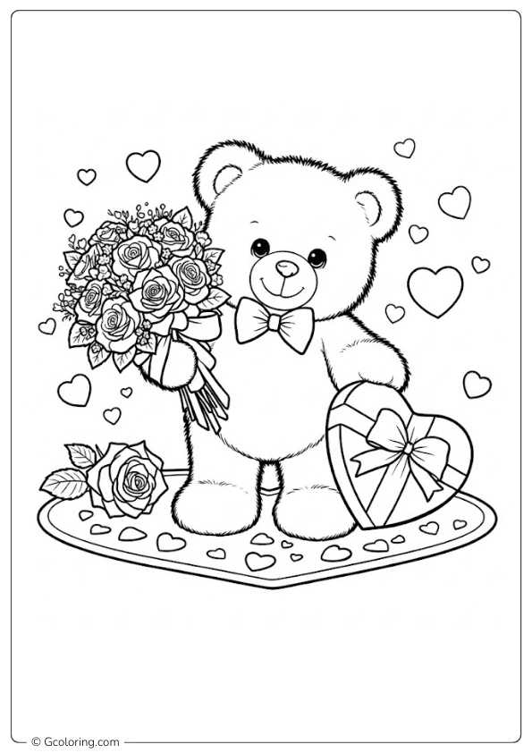 Teddy Bear Valentine with Flowers Coloring Pages