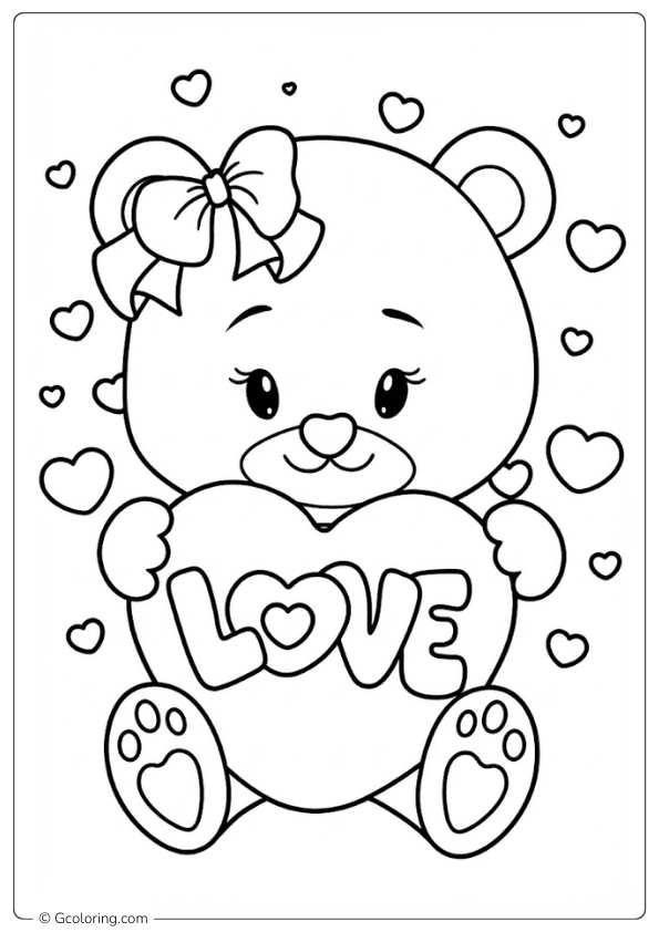 Teddy bear holds a Valentine heart Coloring Pages
