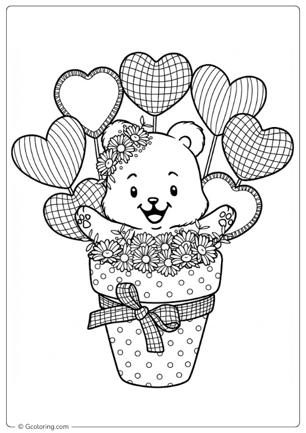 Teddy bear with flowers and heart balloons Coloring Pages