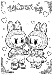 Two Labubu dolls are dressed up for Valentine's Day coloring pages