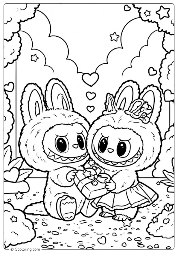 Two Labubus share a Valentine gift coloring pages