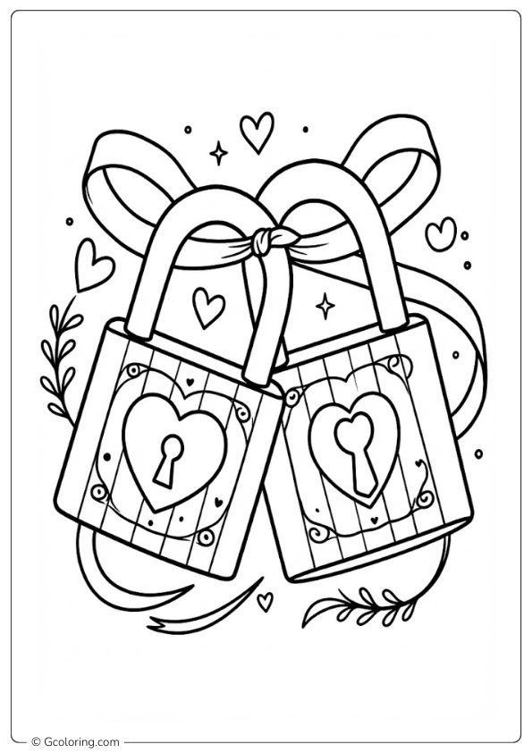 Two colorful heart padlocks tied with ribbon Coloring Pages